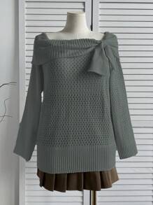 Flirla Plus Size Cute & Sweet Bow Knit Sweater, Vintage Soft & Gentle Top, Essential For Sweet Girls, Autumn/Winter Knit Pullover Fall - Grey - View 1