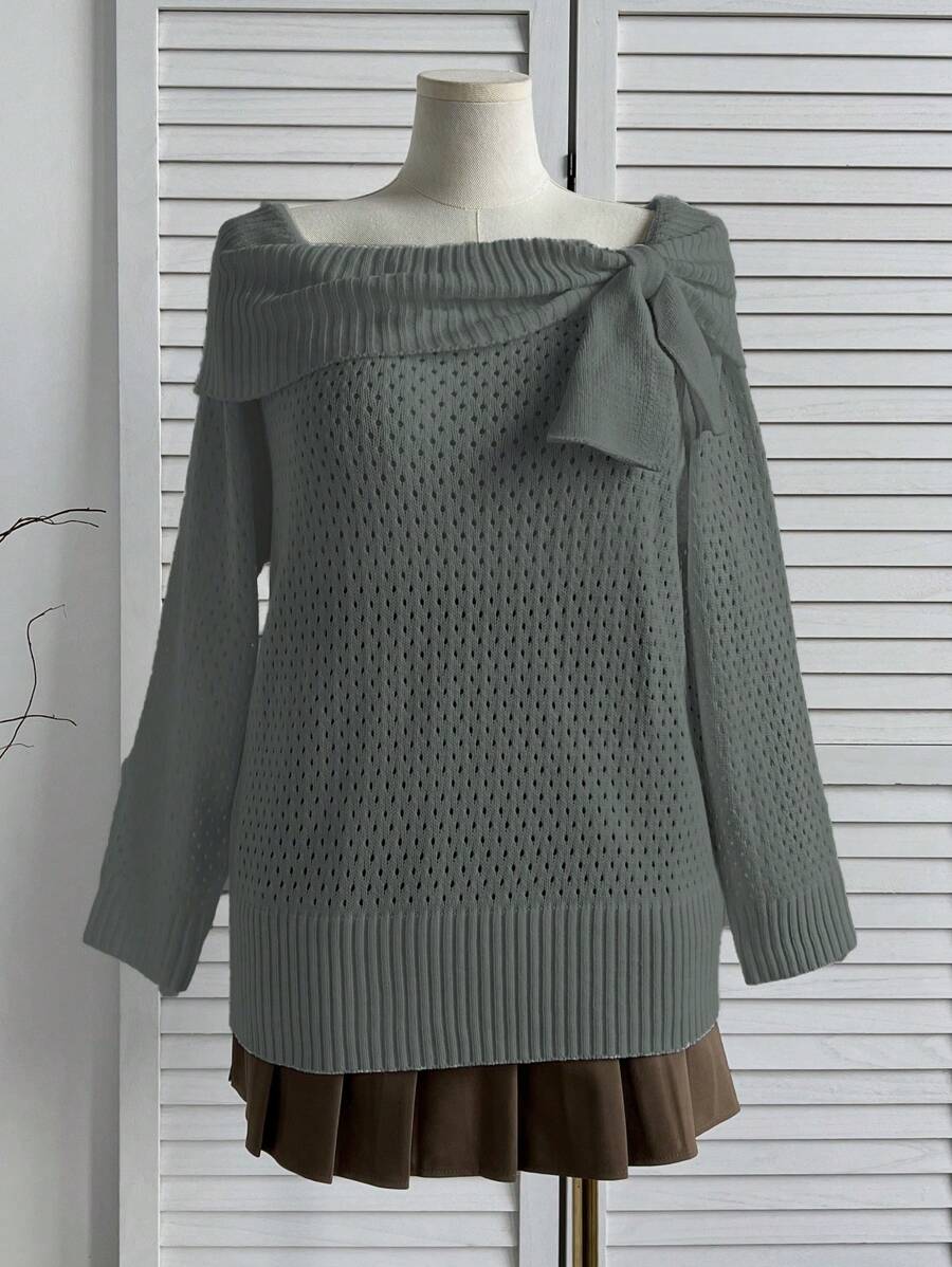 Flirla Plus Size Cute & Sweet Bow Knit Sweater, Vintage Soft & Gentle Top, Essential For Sweet Girls, Autumn/Winter Knit Pullover Fall - Grey - View 1