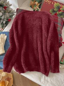 SHEIN Frenchy Plus Size Casual Christmas Snowflake Sequin Fluffy Trim Black Pullover Sweater - Red - View 2