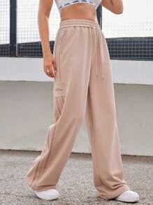 Easithlete 女士休闲抽绳腰斜口袋条纹饰边宽松阔腿运动裤 - 粉色 - 查看 5