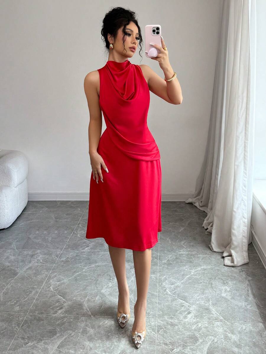 Elenzga Đầm xòe cổ cao màu đỏ lãng mạn thanh lịch dành cho nữ, phù hợp cho năm mới và giáng sinh cho trang phục dự tiệc năm mới bằng vải satin dành cho nữ - Đỏ - Xem 1