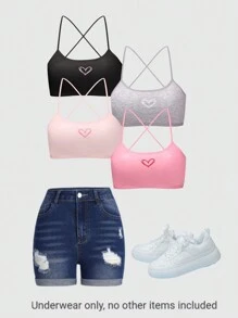 4pcs/Set Teen Girls'' Simple Solid & Heart Print Soft Comfortable Camisole Underwear Set