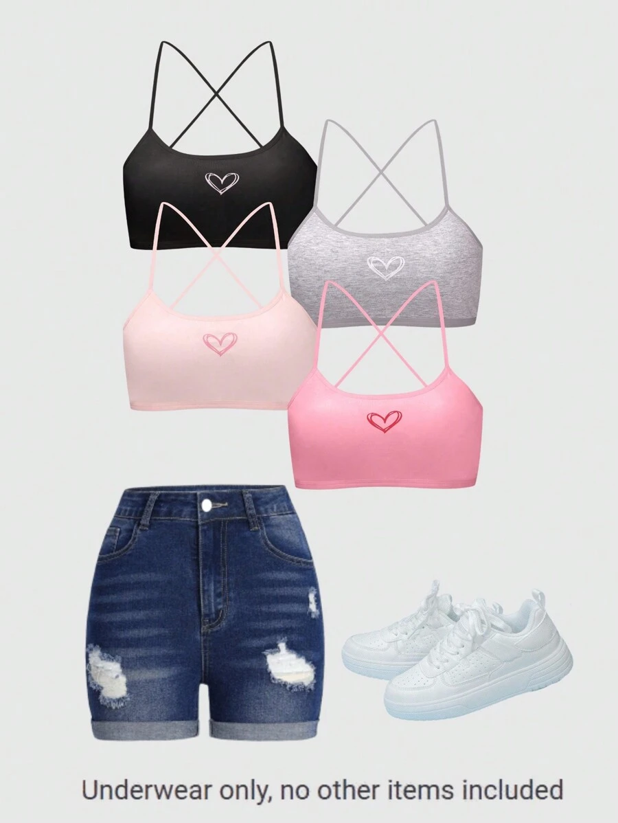4pcs/Set Teen Girls'' Simple Solid & Heart Print Soft Comfortable Camisole Underwear Set