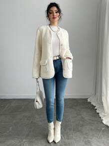 Chiquease Women White Contrast Trim Teddy Fluffy Jacket - Elegant Comfortable Wind-Resistant Warm Outerwear, Round Collar Regular Fit - Apricot - View 3