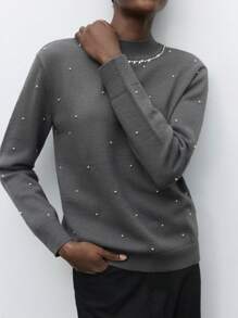 Maija Women's Gray Casual Rhinestone Collar Loose Long Sleeve Sweater Top, Versatile Minimalist Style Suitable For Daily Wear And Party, Early Spring