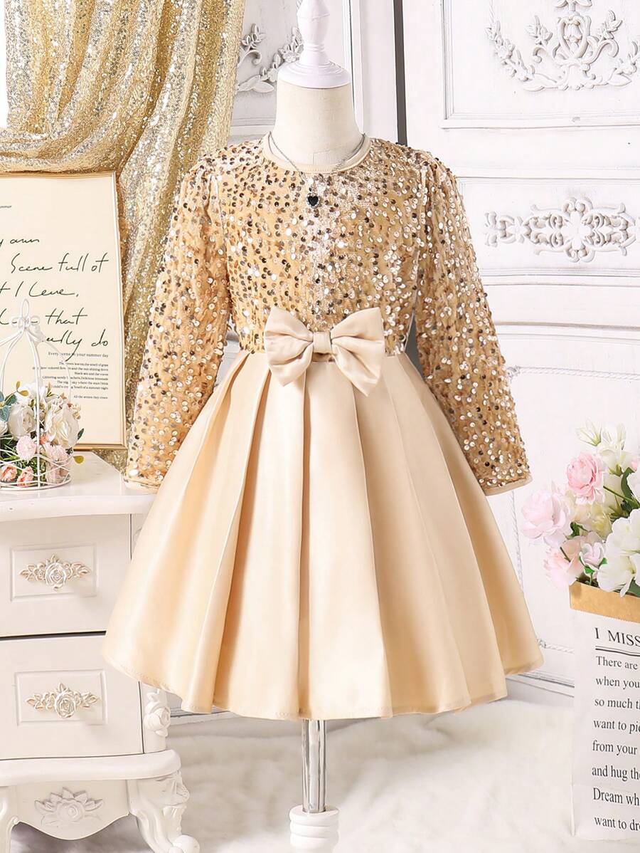 Glamorique Kids Young Girl Sequin Mix Mesh Butterfly Decor Round Neck Long Sleeve Princess Dress - Champagne - View 1