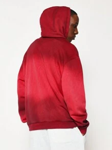 SUMWON Washed Effect Oversized Pullover Hoodie With Kangaroo Pocket Drawstring Urban Athletic Streetwear Fall Winter Loungewear Casual Layer - Red - View 2