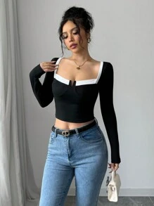 INAWLY French Elegant Square Neck Color Block Cropped T-Shirt With Underwire For Women Graphic Tees Women Tops