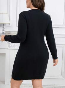 SHEIN LUNE Vestido de suéter ajustado de manga larga con cuello redondo y diseño de dibujos animados elegantes para mujer de talla grande - Negro - Ver 2