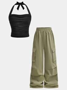 SHEIN Bộ đồ hai mảnh cho bé gái tuổi mới lớn, gồm áo ba lỗ không tay nhún bèo màu đen có nơ trang trí và quần ống đứng dệt màu xanh ô liu có túi 3D, trang phục thường ngày phong cách đường phố - màu đen - Xem 8