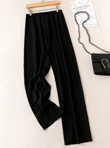 SHEIN LUNE Pantalones De Pierna Ancha Con Cordón En La Cintura Para Tallas Grandes - Negro - Ver 2