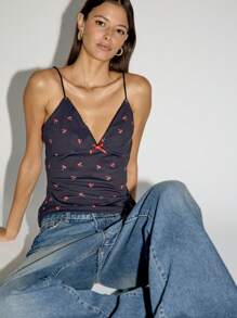 AiiRZ Valentines Cherry Printed Bow Detail Bust Cami Top - Black - View 5