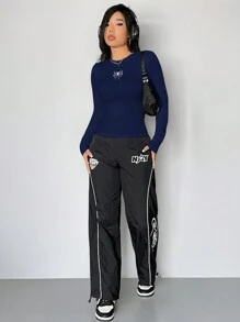 SHEIN EZwear Camiseta de manga larga con cuello redondo y estampado de araña, tejida para mujeres