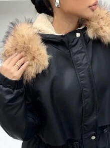 Chiquease Women's Winter Long Sleeve Drawstring Waist Fluffy Collar Hooded Parka, Windproof & Warm Coat