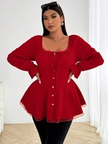 Flirla Plus Size Spring/Autumn Red Vintage Romantic Elegant Cute Loose Vacation Valentine's Day Christmas Open Front Flare Collar Splice Ruffle Trim Long Sleeve Shirt For New Year Clothes - Red - View 6