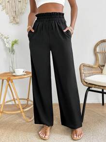 SHEIN PETITE Women's Paper Bag Waist Straight Trousers