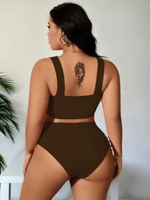 SHEIN Swim Curve 2 pièces/Set Bikini nœud papillon réglable grande taille marron pour l'été - Bordeaux - Voir 2