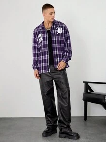 Mainfolk 男女通用拉绒格子刺绣宽松落肩翻领长袖短款夹克，适合秋冬 - 紫色 - 查看 5