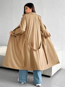Vionelle Plus Size Fashionable Solid Color Loose Fit Trench Coat - Khaki - View 5