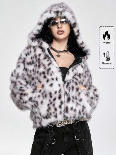 Grunge Punk Thanksgiving Women Punk Faux Fur Thickened Hooded Faux Fur Jacket, Autumn/Winter