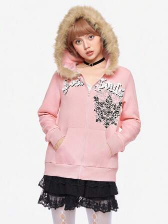 Kawaii Y2K Rhinestone Embellished Vintage Pattern Frayed Edge Hoodie For Women