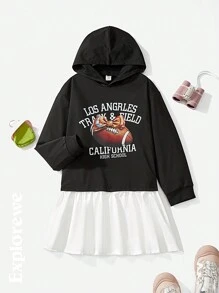 SHEIN 1件少女可爱宽松拼接下摆卫衣，休闲街头风，适合日常和户外活动 - 彩色 - 查看 2