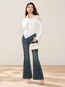 EastFlair Women V-Neck Lace Patchwork Bell Sleeve Top - White - View 5