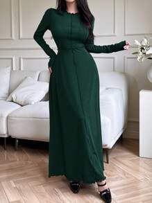 Feyla Đầm dài màu trơn thanh lịch cho nữ, mùa thu - Màu xanh lá cây đậm - Xem 5