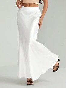 SHEIN Tall High Waist Solid Satin Extra Long Skirt - White - View 5
