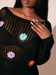 SHEIN SXY 大码圆领长袖 3D 花卉装饰宽松休闲毛衣