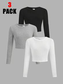 SHEIN Leap Crew Tween Girls Slim Fit Casual Minimalist Comfortable Round Neck Pullover Multi-Pack Long Sleeve T-Shirt, Autumn/Winter - Multicolor - View 1