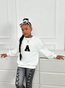 SHEIN NovaGlow Tween Girl/Tween Girls Crew Neck Pullover Sweatshirt - White - View 4