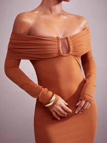 Hauture Solid Brushed Jersey Off Shoulder Fold Over Midi Dress - Brown - View 2