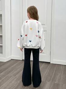 Tween Girl Casual Colorful Heart Handpainted Loose Oversized Round Neck Dropped Shoulder Hoodie And Skinny Flare Pants Set, Suitable For Home, Outdoor, And School
