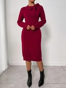 Zolique Gaun Sweater Wanita Kasual Warna Polos dengan Kerah Ikat, Cocok untuk Musim Gugur/Musim Dingin, Pakaian Tahun Baru, Pakaian Musim Gugur untuk Wanita - Merah - View 1