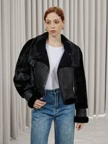 Aveloria Modichic 女士纯色貂皮天鹅绒拼接 PU 皮夹克，秋冬摩托车外套仿皮飞行员夹克，带博格衬里 - 黑色 - 查看 3