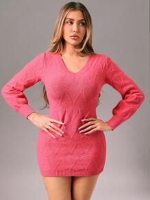 Zolique Autumn/Winter New Dark Pink Women Sweater Dress, Jacquard Patterns V-Neck Slim Fit Sexy Knitted Dress New Years Club Holiday Party Outfits Women Fall Cloth For Women - Pink - View 4