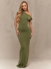 MISSGUIDED One Shoulder Evening Maxi Dress Form Fitting Full Length Ruched Detail Formal Gown Wedding Guest Party Holiday Occasion Wear Sleeveless Floor Length Bodycon