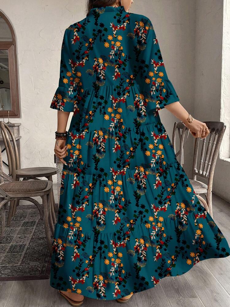Plus Size Elegant Ditsy Floral V-Neck Casual Dress, Navy Blue,Beach Dress Sundress,Holiday Outfits Boho Autumn Boho Chic Dress,Flower/Spring/Summer/Vacation