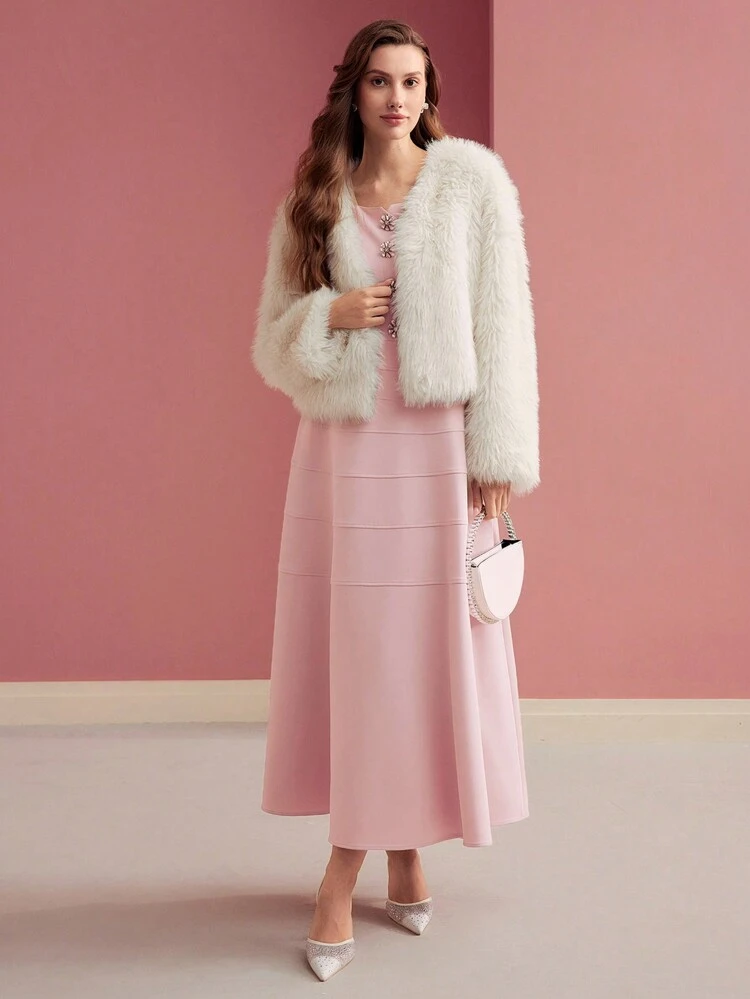 RHINESTONE FLORAL BUTTON SLEEVELESS DRES,VALENTINE'S DAY OUTFIT, FULL DRESS, FIT AND FLARE