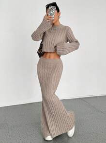 EgrlEra Women Twist Pattern Casual Round Neck Pullover Long Fish Tail Skirt Knitted 2 Pieces Set Fall Cloth For Women - Khaki - View 3