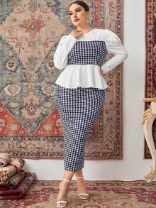 Mulvari Ensemble 2 pièces grande taille femme élégant, Top peplum et jupe crayon à imprimé pied-de-poule, automne - Bleu et Blanc - Voir 4