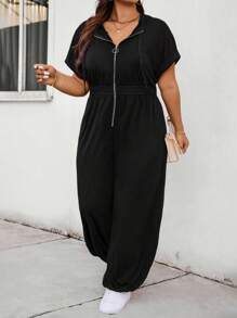 SHEIN CURVE+ Plus Size Black Hooded & Cinched Waist Jumpsuit - Black - View 1