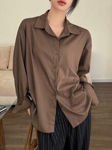 DAZY Women's Solid Color Front Button Long Sleeve Casual Blouse - Brown - View 3