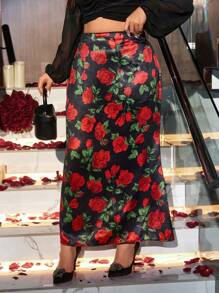 Celure Plus Size Rose Flower Print Romantic Elegant High Waist Flared Skirt