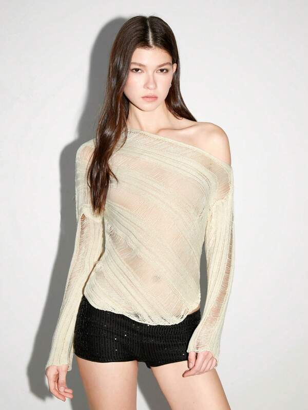 TRNVIE 1pc Women Apricot Asymmetrical Hollow Out Shoulder Party Fashion Top, Sexy & Stylish For Autumn/Winter