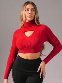 Zolique 女士镂空长袖高领心形镂空套头毛衣，适合新年、性感夜店、节日派对等场合，秋冬季女士针织套头衫。 - 紅色 - 查看 5