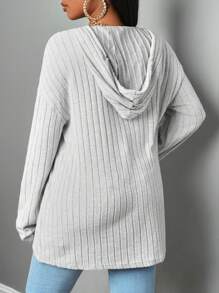 Slaydiva 女士休闲宽松连帽半拉链金属装饰罗纹套头 T 恤，秋冬 - 灰色 - 查看 2