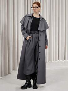 SHEIN Privé French Vintage Luxurious Collar Buttoned Front Long Trench Coat With Fabric Belt For Women, Formal Commuter Fashion Teacher Work Wear Fall Cloth For Women - Grey - View 6