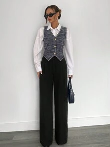 SHEIN Essnce Holiday Party Teacher's Day Women's Front Button Sleeveless Simple Casual Blazer For Daily Wear